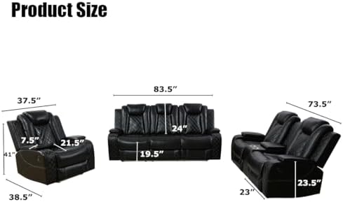 Power Recliner Sofa Set, Black Leather 3 Pieces Sectional Couch, Living Room ...
