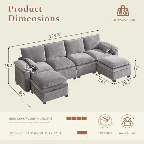 130" Modular Sectional Sofa with Storage, Premium Chenille Cloud Couch w...