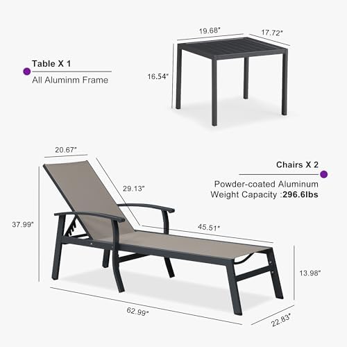 PURPLE LEAF Outdoor Chaise Lounge Chairs Set of 2 Aluminum Frame, Taupe | Tex...