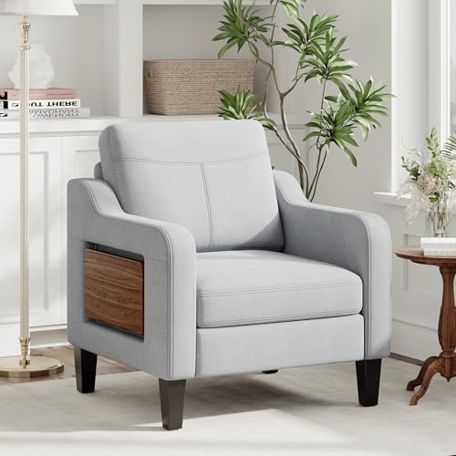 Upholstered Accent Chair with Foldable Side Table for Living Room | 2 Side Po...
