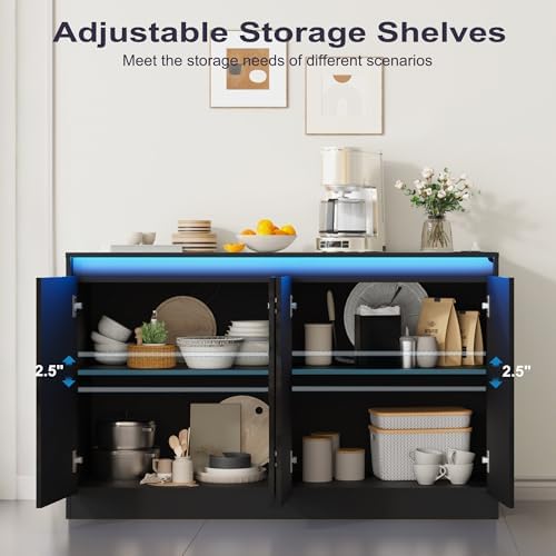Furnify 51" W Buffet Cabinet with LED Lights & Charging Station, Black