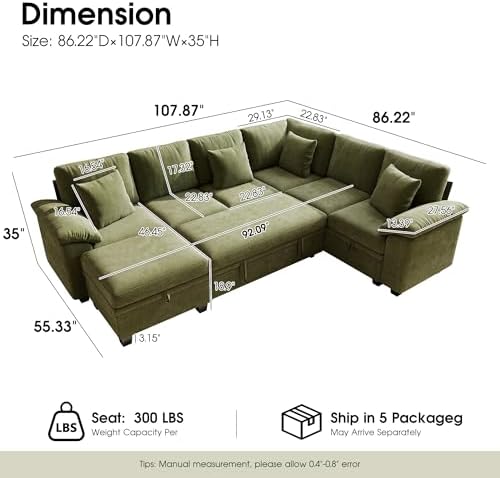 107.8" Modular Sectional Sleeper Sofa with Pull Out Bed, U Shaped 7 Seat...