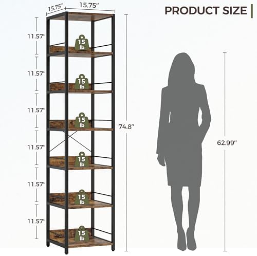 IRONCK 75" Tall Narrow Book Shelf, 6-Tier Open Bookshelf, Rustic Brown