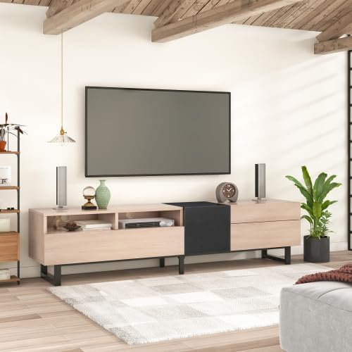 Bellemave TV Stand for TVs up to 80", Modern Entertainment Center with Cabinets, Drawers & Open Shelves, Wooden Media Console with Storage for Living Room, Bedroom & Home Theatre (Natural Wood)
