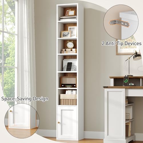 RALGEND 7-Tier Tall Narrow Bookshelf with Door Set of 2, 70.9 Inches CD DVD S...