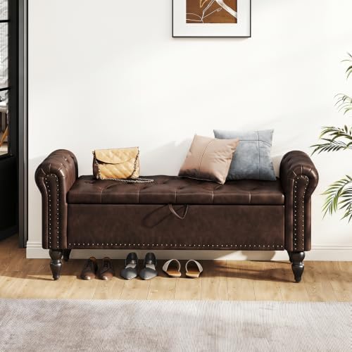 Furniliving 51” End of Bed Storage Bench, Bedroom Bench with Button-Tufted, U...