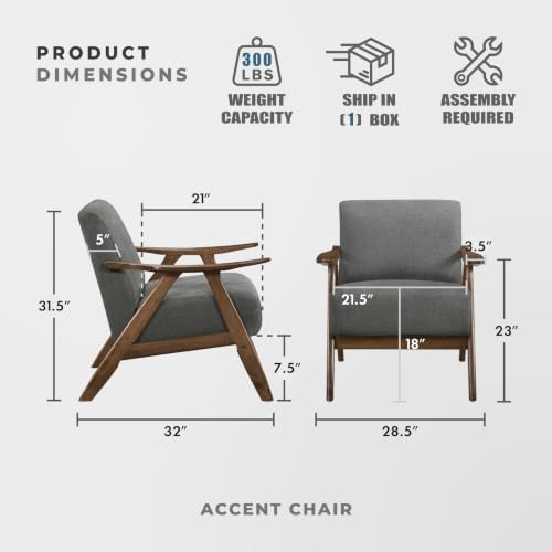 Lexicon Mid Century Modern Accent Chair with Walnut Wood Frame, Gray