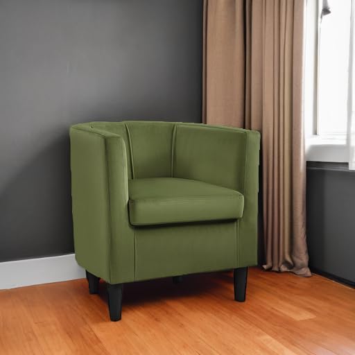 Yaheetech Velvet Accent Chair, Modern and Comfortable Armchairs, Upholstered Barrel Sofa Chair for Living Room Bedroom Waiting Room, Olive Green