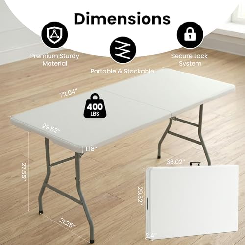 5 Pack of 6 Foot Foldable Table with Built in Handle & Steel Legs