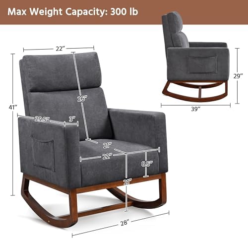 Yaheetech 28in Wide Padded High Back Glider Rocking Chair, Gray Polyester | H...