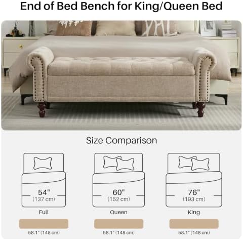 SOFTHION 58.1" Storage Bench for Bedroom, Chenille Cushion, Light Brown ...