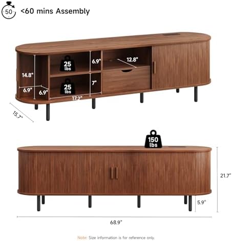 ONBRILL 69" TV Stand with Power Outlet for TVs up to 80", Walnut | ...