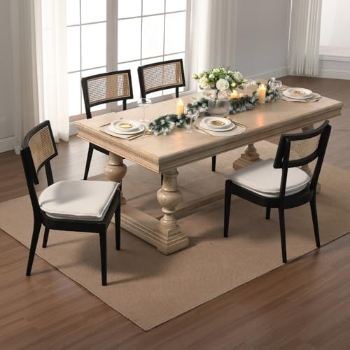 Rattan Dining Chairs Set of 2, Linen Upholstered Kitchen Chairs
