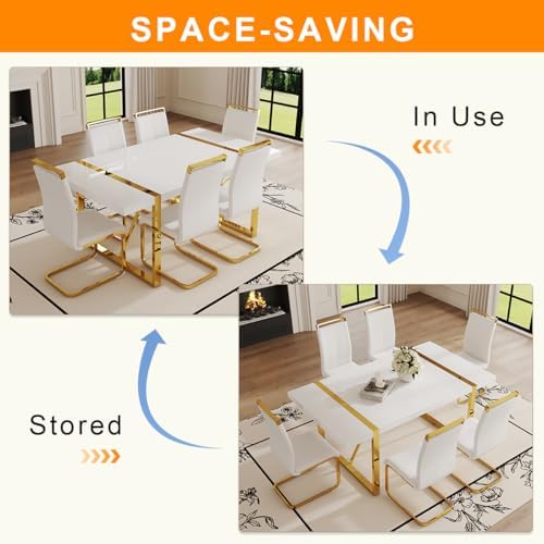 Ebullient White Dining Table Set for 8，71'' Kitchen Table and White Leather Dining Chairs Set of 8, 9 Piece Dining Room Table Set，Modern Gold Metal Frame Dinner Table Set 8 for Kitchen