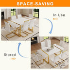 Ebullient White Dining Table Set for 8，71'' Kitchen Table and White Leather Dining Chairs Set of 8, 9 Piece Dining Room Table Set，Modern Gold Metal Frame Dinner Table Set 8 for Kitchen