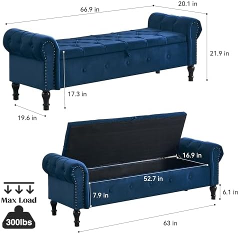 Velvet Storage Bench 67 Inch Upholstered Tufted Ottoman Bench with Arms Large...
