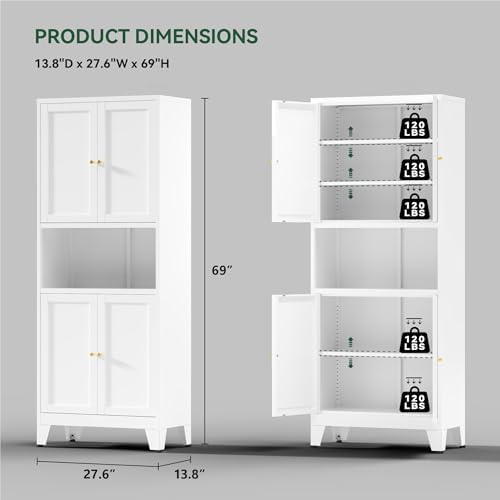 COFaR 69" Pantry Cabinet,Metal Storage Cabinet with Doors and Shelves,White