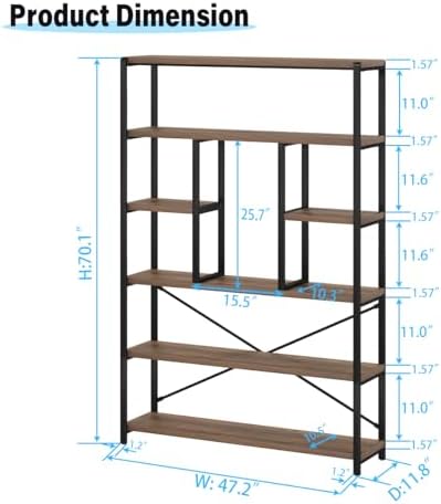 LVB 6 Tier Industrial Bookshelf for Bedroom Living Room Office, Rustic Oak