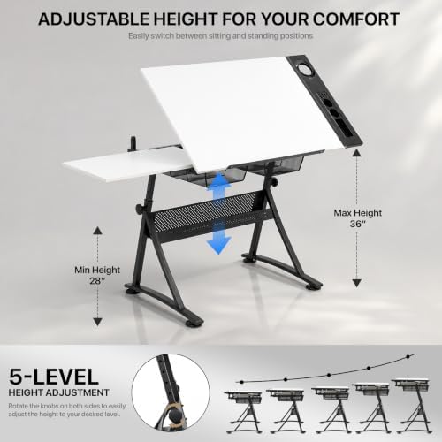 Athena Collection Wooden Drafting Table W/Stool, Tilting Art Desk, White
