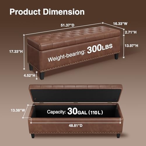 FiveWillowise 51 Inch Storage Ottoman Bench,Large End of Bed Storage Bench | ...