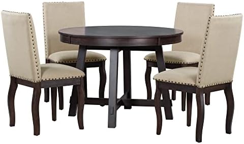 Harper & Bright Designs Round Kitchen Dining Table Set for 4, 5 Piece Far...