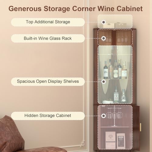 JOINICE Tall Corner Bar Cabinet for Liquor,Mid-Century Modern,Walnut,70"