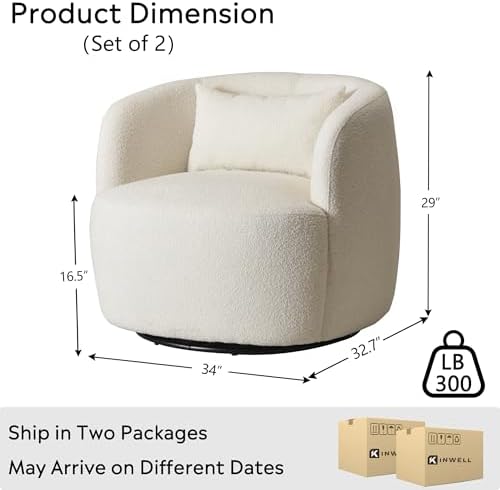 KINWELL 34" W Boucle Swivel Barrel Chairs with Pillow Set of 2, Beige
