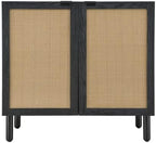 Sango Orre 2-Door Cabinet, Modern Black Storage Cabinet with Synthetic Rattan Door Panels, Adjustable Shelf, Cylindrical Wood Legs, Discreet Finger Pulls, Elegant Furniture for Living or Dining Room