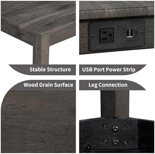 59" Counter Height Bar Table Set with Power Outlet, Industrial Breakfast...