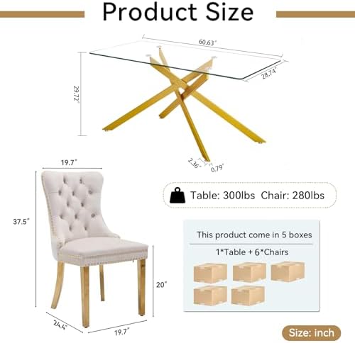 7 Piece Glass Dining Table Set Modern Glass Dining Table Set for 6, 61" Rectangular Gold Kitchen Table and 6 Velvet Upholstered Chairs, Gold Table & Beige Chair