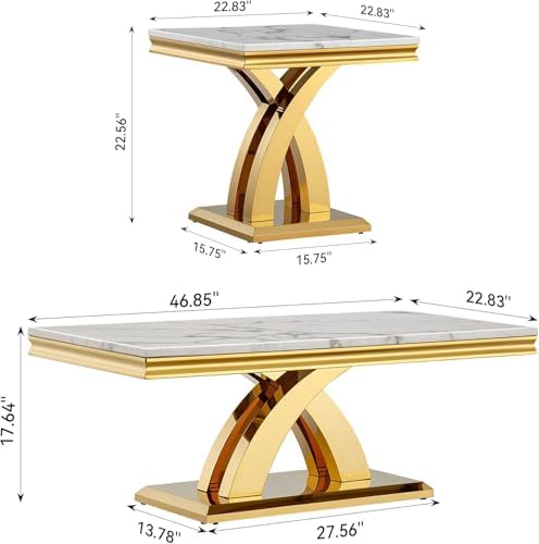 White Marble Coffee Table Set of 3, Modern Coffee Table and 2 Marble End Tabl...