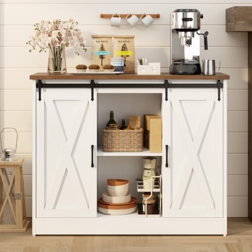 Farmhouse Coffee Bar Cabinet, 42" Buffet Cabinet with 2 Sliding Barn Doo...