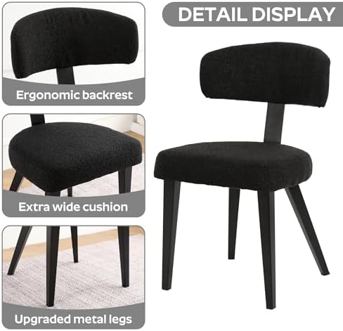 Boucle Chairs Set of 6, Modern Black Upholstered Dining Chairs with Black Met...