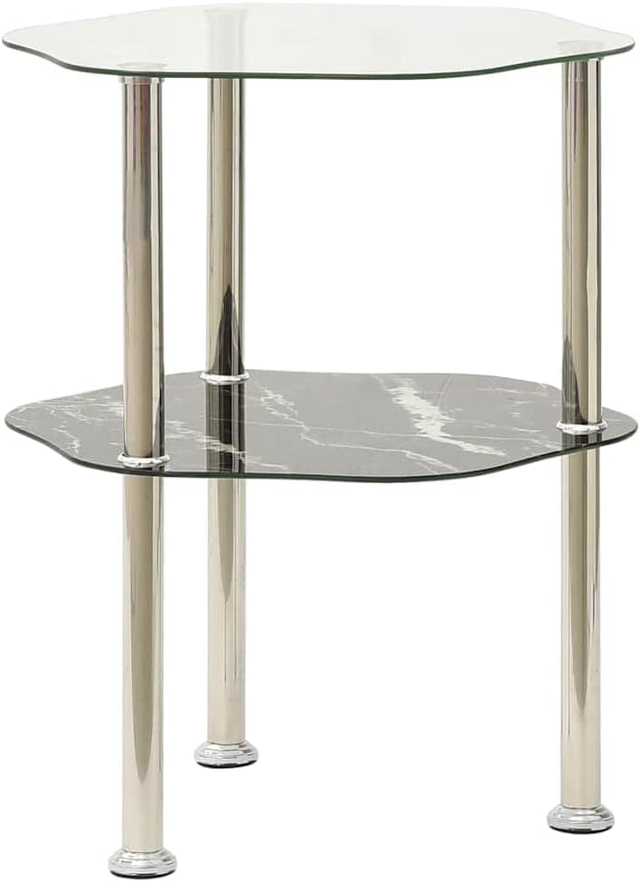 2-Tier Side Table Transparent Black 15x15x19.7 Inch Tempered Glass | Stainles...