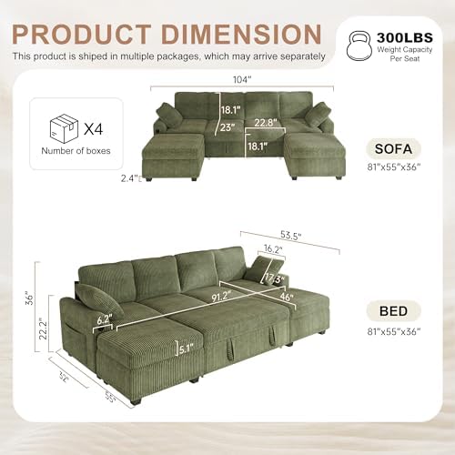 Hanherry 104" Sectional Sofa with Pull Out Couch Bed,Corduroy 4 Seater S...