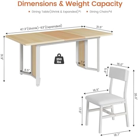 Itaar 5-Piece Dining Table Set for 4-6 People, 63" Extendable Kitchen Ta...