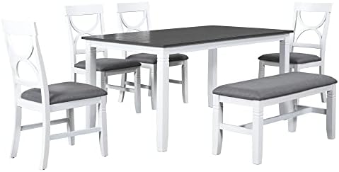 LUMISOL 6 Piece Farmhouse Dining Table Set with Bench, Gray Wash+White