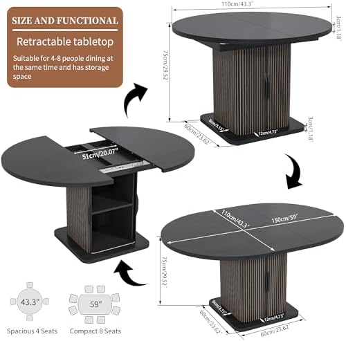 Extendable Black Round Dining Table for 4-6-8, 59 Inch Kitchen Dining Room Ta...