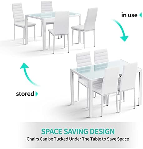 Gizoon White 5 Piece Glass Dining Table Set, Kitchen Table and Chairs for 4