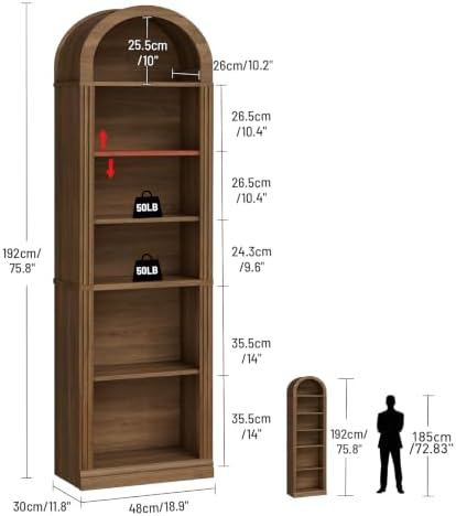 RALGEND Arched Bookshelf, 75.8" Tall Narrow Bookcase with Storage