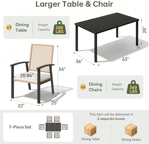 Aoxun 7-Piece Wicker Patio Table and Chairs Set for 6 with Umbrella Hole