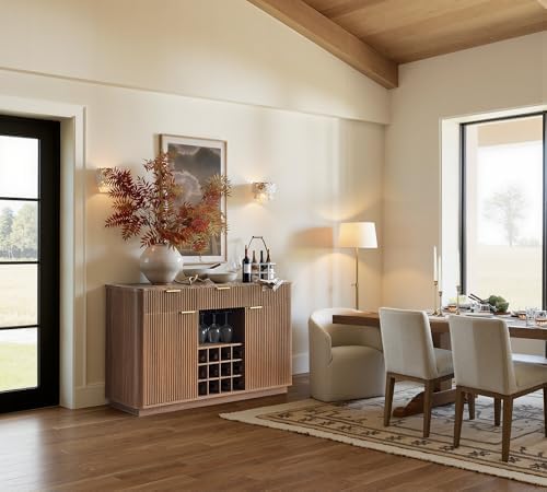 win2win 59" Fluted Sideboard, Wine Bar Cabinet with Faux Marble Top, Walnut