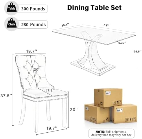 Modern Luxury Glass Dining Set for 4, 63'' Large Minimalist Rectangle...