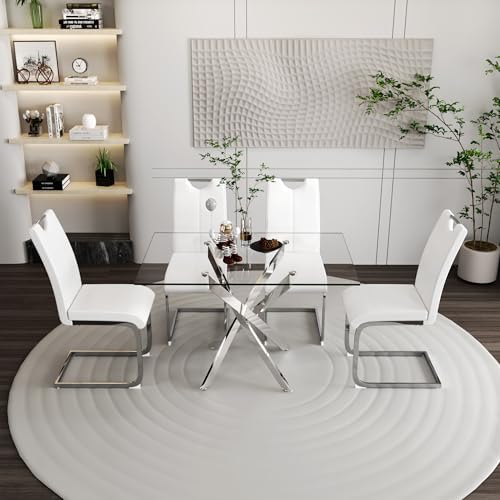5 Piece Dining Table Set for 4, Modern Tempered Glass Kitchen Table with 4 Up...