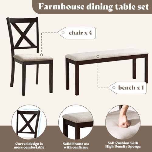 LUXOAK 6 Piece Farmhouse Dining Table Set with 71" Solid Wood Table