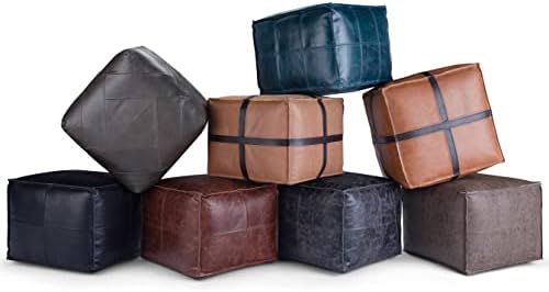 SIMPLIHOME Sheffield 18" Wide Square Genuine Leather Pouf in Brown | Dis...