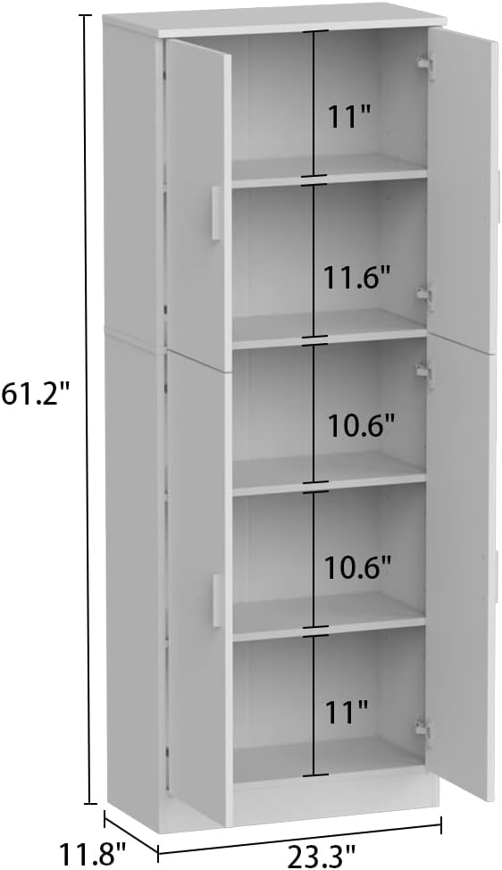 AIEGLE Kitchen Pantry Storage Cabinet with Adjustable Shelves, Kitchen Pantry with 4 Doors, Freestanding Cupboard Storage Organizer Cabinet for Kitchen Living Room, White 61.2" Tall