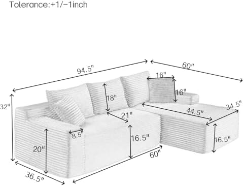 95" L-Shaped Cloud Sectional Couch, Right Facing Modular Compressed Bone...