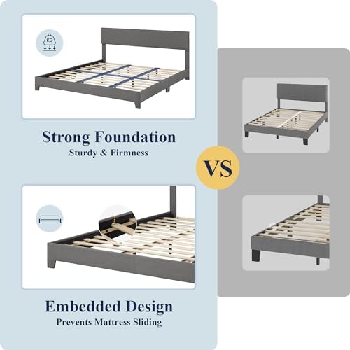 Allewie King Size Upholstered Bed Frame Adjustable Headboard, Dark Grey