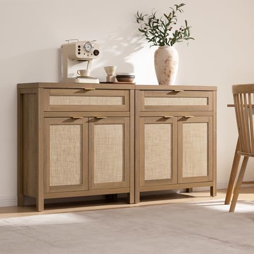 SICOTAS Sideboard Buffet Cabinet Set of 3, Rattan Credenza Storage Cabinet